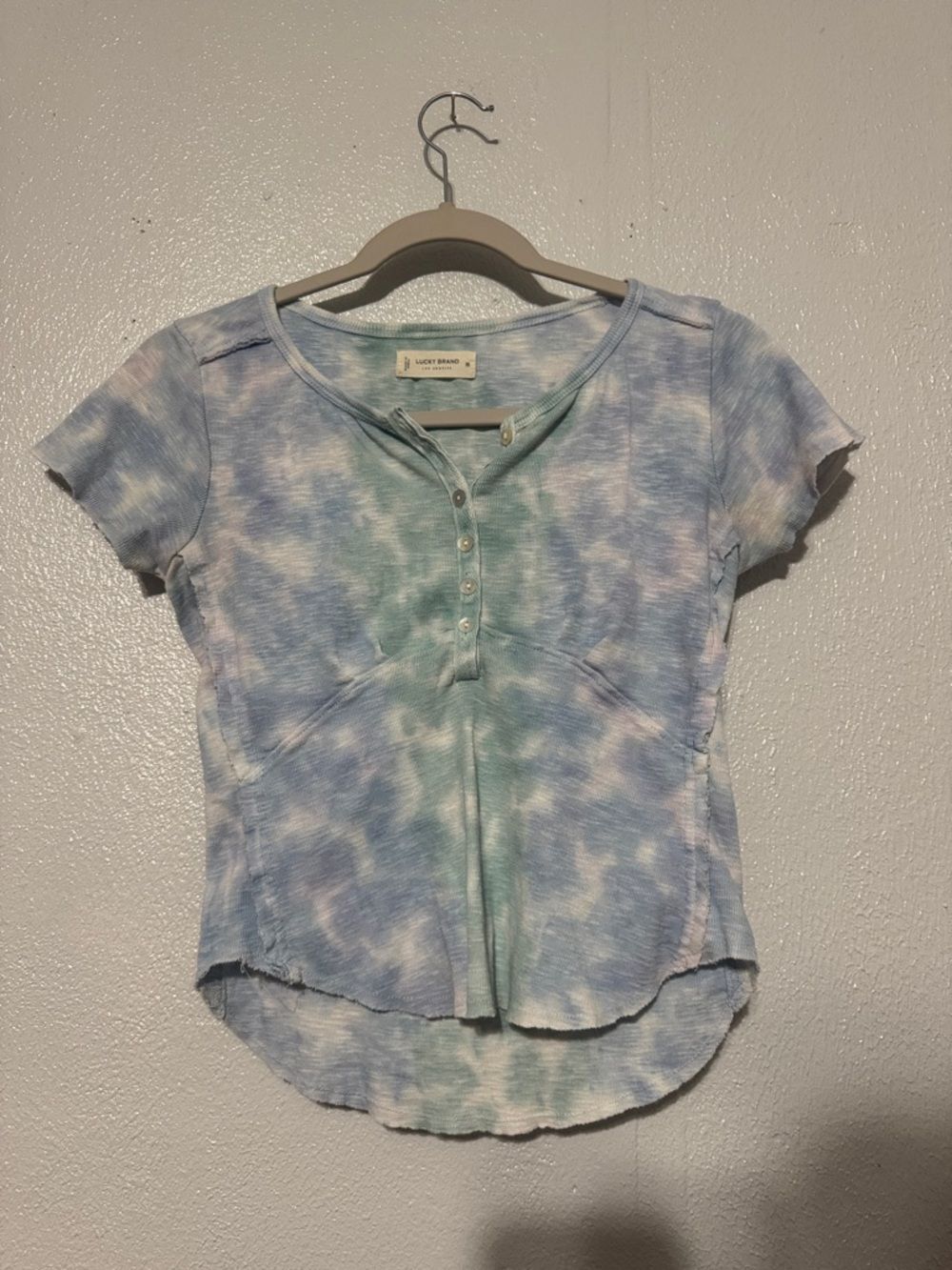 Lucky Brand Blue Green Tie Dye Henley Short Sleeve Boho Festival Cotton Top XS